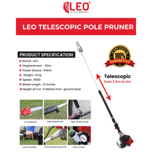 LEO 52CC 2 Stroke Petrol 4m Telescopic Pole Pruner TPP-52 - Image 1