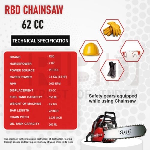 RBD Chainsaw 62CC 4.8 HP 22 Inch with Powerful Petrol Engine RBD-CH-62 - Image 2