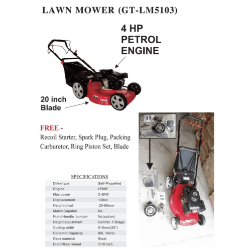 GT Shakti 139CC 20 Inch 4 HP Petrol Lawn Mower with FREE Spare Parts - Image 2